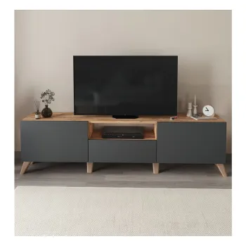 Comoda TV living 160 cm, masa TV bicolor decorativa, mobilier sufragerie cu 2 usi rabatabile soft-close, PAL melaminat 18 mm clasa E1, suport televizor pana la 65 inch, rezistent 60 kg blat, stil scandinav modern imagine