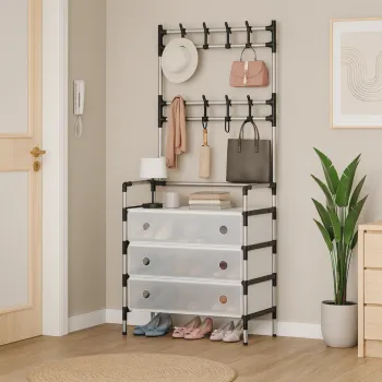 Cuier cu raft pantofi pe 3 niveluri si 8 carlige duble, suport haine si incaltaminte pentru hol imagine