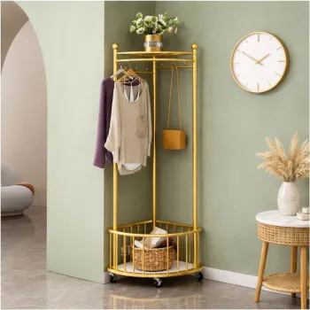 Cuier de colt multifunctional cu roti,metalic, auriu, 40 x 40 x 160 cm imagine