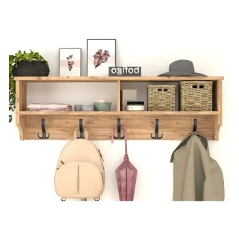 Cuier de perete cu raft 120 cm, cuier hol, 5 carlige metalice rezistente + raft superior pentru caciuli palarii si genti, PAL melaminat 18 mm clasa E1, montaj pe perete, stil modern minimalist scandinav imagine