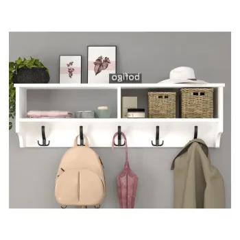 Cuier de perete cu raft 120 cm, cuier hol, 5 carlige metalice rezistente + raft superior pentru caciuli palarii si genti, PAL melaminat 18 mm clasa E1, montaj pe perete, stil modern minimalist scandinav imagine