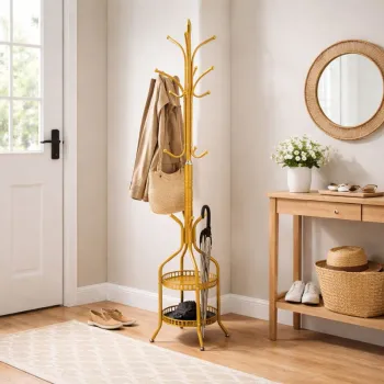 Cuier de podea metalic auriu, 34 x 189 cm, cu carlige multiple si 2 rafturi de depozitare, tip hall tree, pentru hol, dormitor sau birou imagine