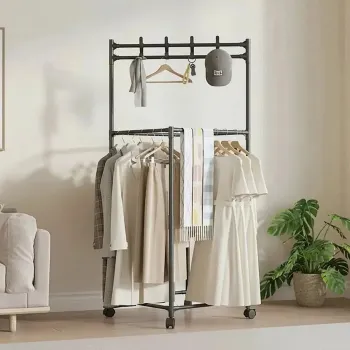 Cuier metalic mobil, cu roti, 8 carlige si suport haine, 67x47x165 cm imagine