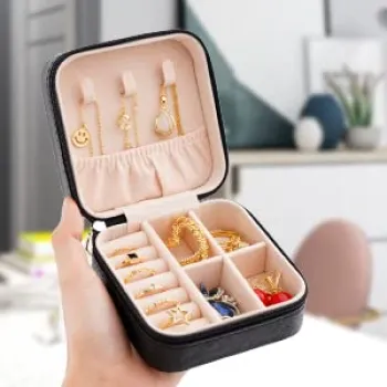 Cutie organizator negru cu fermoar pentru bijuterii 10x10x5cm imagine