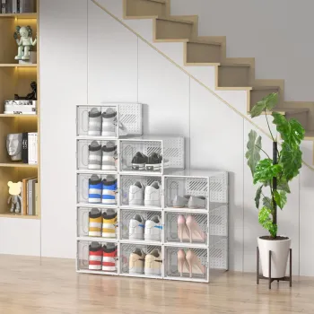 Cutii Organizatoare pentru incaltaminte, 6 compartimente, pliabile, design transparent, 34.5x25.5x105cm, alb imagine