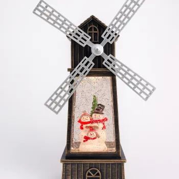 Decoratiune Craciun, Figurina Moara de Vant cu Mos Craciun, functie muzicala, zapada in miscare, cu baterii, Negru/Auriu, 3 Modele imagine