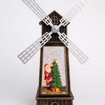 Decoratiune Craciun, Figurina Moara de Vant cu Mos Craciun, functie muzicala, zapada in miscare, cu baterii, Negru/Auriu, 3 Modele imagine