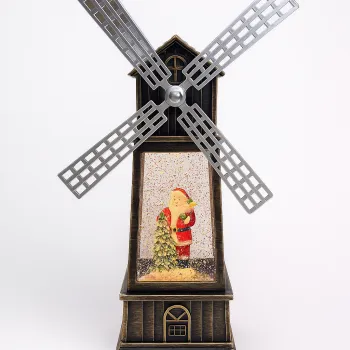 Decoratiune Craciun, Figurina Moara de Vant cu Mos Craciun, functie muzicala, zapada in miscare, cu baterii, Negru/Auriu, 3 Modele imagine