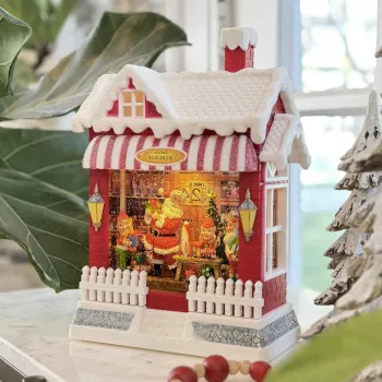 Decoratiune Craciun premium, scena Mos Craciun si spiridusi cu sclipici si muzica imagine