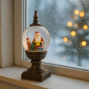 Decoratiune Craciun, Tip Felinar, Glob 12 cm, Figurine Mos Craciun, copil si brad, 3 Moduri, Functie Muzicala, Zapada in Miscare, model Vintage Negru - Auriu imagine