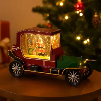 Decoratiune  Craciun tip masina de epoca cu Mos Craciun si cadouri, functie muzicala, zapada in miscare, 6x27 cm16x27cm imagine