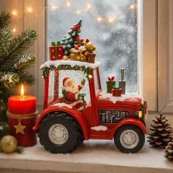 Decoratiune Craciun tip Tractor cu Mos Craciun ,brad si cadouri, functie muzicala, zapada in miscare, 25 x 13 x 21 cm imagine