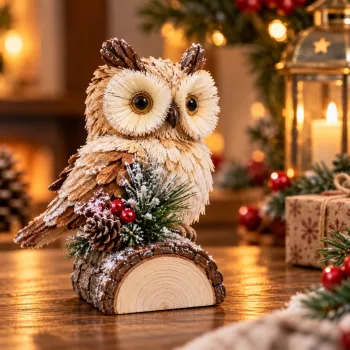 Decoratiune de Craciun Premium Bufnita din Rasina, cu Accente de Iarna, 20 cm imagine