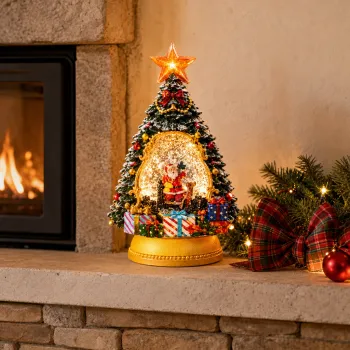 Decoratiune de Craciun Premium tip Brad cu Mos Craciun, Lumina LED si Efect de Ninsoare - 35 x 11 x 19 cm imagine