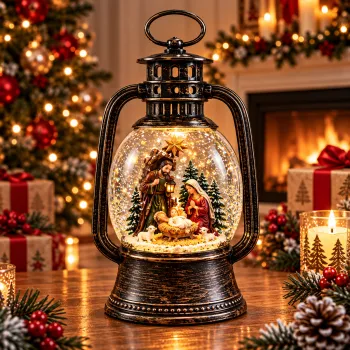 Decoratiune de Craciun Premium tip Felinar cu Nasterea Domnului, Iluminare si Efect de Ninsoare - 10,3 x 8 x 16,6 cm imagine