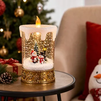 Decoratiune de Craciun Premium tip Lumanare cu Mos Craciun si Om de Zapada, Iluminare Calda si Efect de Ninsoare - 12 x 12 x 28,5 cm imagine