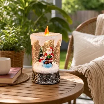 Decoratiune de Craciun Premium tip Lumanare cu Mos Craciun si Om de Zapada, Iluminare Calda si Efect de Ninsoare - 12 x 12 x 28,5 cm imagine