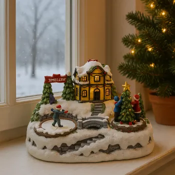 Decoratiune Muzicala de Craciun cu Luminare LED, Miscarare Rotativa si Peisaj de Iarna - Model Casa cu Patinoar imagine