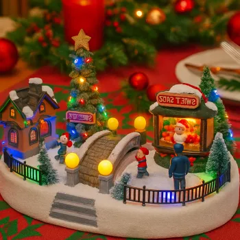 Decoratiune Muzicala de Craciun cu Luminare LED -Model Sat de Iarna cu Pod, Casute si Stand Mos Craciun imagine