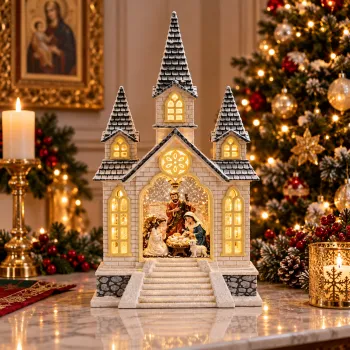 Decoratiune Muzicala de Craciun tip Biserica cu Nasterea Domnului, Iluminata, 41 cm, Design Premium cu Sfanta Familie imagine