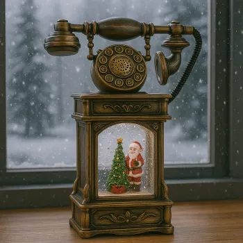 Decoratiune premium Nostalgic Phone, cu functii muzicale, lumina LED si zapada in miscare, Taina sosirii lui Mos Craciun, Maro bronz 32X17X8 cm, imagine