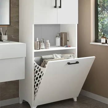 Dulap baie Damla inalt 60 x 175 cm, mobilier baie cu rafturi si cos de rufe integrat, PAL melaminat 18 mm rezistent la umiditate si detergenti, usi cu inchidere silentioasa, stil modern minimalist imagine