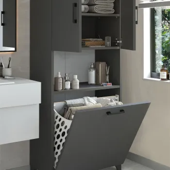 Dulap baie Damla inalt 60 x 175 cm, mobilier baie cu rafturi si cos de rufe integrat, PAL melaminat 18 mm rezistent la umiditate si detergenti, usi cu inchidere silentioasa, stil modern minimalist imagine