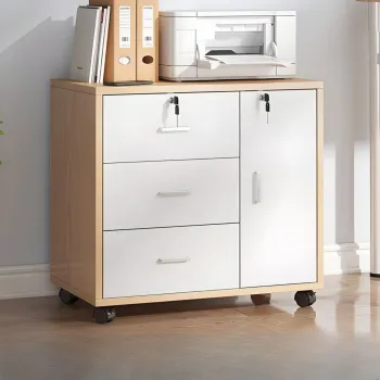 Dulap birou cu 3 sertare si incuietoare, rafturi si roti incluse - natur/alb, 60x37x57 cm imagine