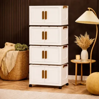 Dulap depozitare pliabil cu usi si roti, organizator multifunctional cu 3, 4 sau 5 rafturi, crem 45 cm imagine