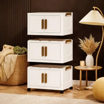 Dulap depozitare pliabil cu usi si roti, organizator multifunctional cu 3, 4 sau 5 rafturi, crem 45 cm imagine