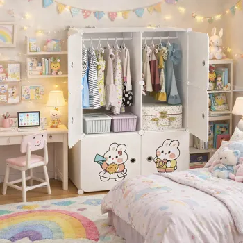 Dulap modular pentru haine copii cu usi si bara pentru umerase, organizator depozitare, model iepuras, alb 75 x 47 x 111 cm imagine