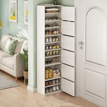 Dulap pantofi vertical, cu usa si rafturi multiple - 42x30x176 cm, Alb/Gri imagine
