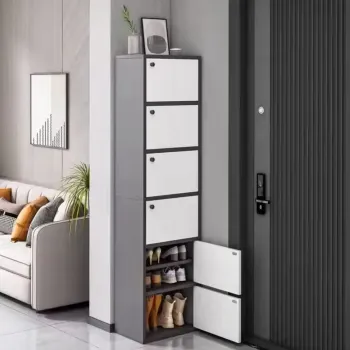 Dulap pantofi vertical, cu usa si rafturi multiple - 42x30x176 cm, Alb/Gri imagine