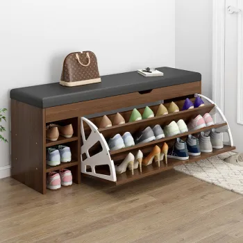 Dulap pentru pantofi tip bancheta, 100 x 30 x 51 cm, Alb/Maro/Gri imagine