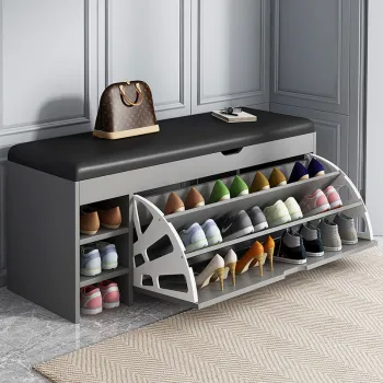 Dulap pentru pantofi tip bancheta, 100 x 30 x 51 cm, Alb/Maro/Gri imagine