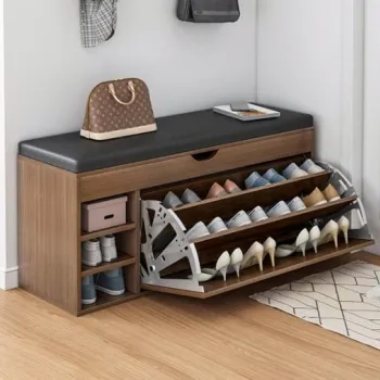 Dulap pentru pantofi tip bancheta, 100 x 34 x 51 cm, Alb/Maro imagine