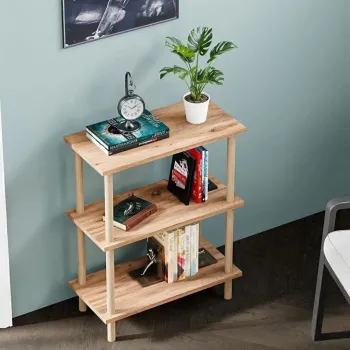 Etajera decorativa cu 3 rafturi si picioare din lemn - ideala ca biblioteca sau masuta laterala imagine