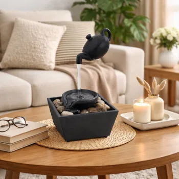 Fantana decorativa cu ceainic suspendat, alimentare USB si baterii, 27.5x11.7x11.7cm, cu lumini LED si pietre, negru, 404g imagine