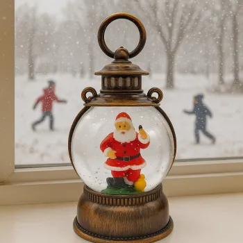 Felinar decorativ de Craciun cu Mos Craciun - cu efect de ninsoare si lumina calda imagine