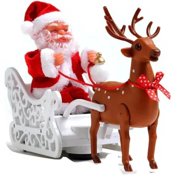 Figurina de Craciun , Mos Craciun cu sanie si ren , sunete si lumini , multicolor , 28 cm imagine
