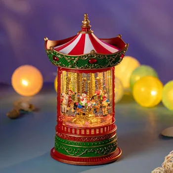 Glob de zapada muzical cu carusel de Craciun, premium,cu lumini LED, efect de ninsoare si figurine Mos Craciun si Om de Zapada imagine