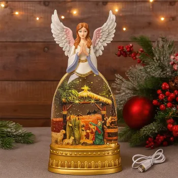 Glob decorativ Craciun cu inger si scena Nasterii Domnului, apa, lumina si muzica, 15x33 cm imagine