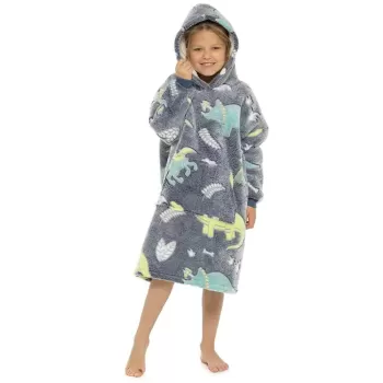 Hanorac patura cu gluga si maneci, insertii fosforescente, calduros si pufos, buzunar spatios, model unicorni si stelute imagine