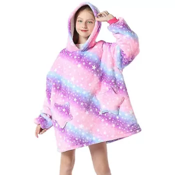 Hanorac patura cu gluga si maneci, insertii fosforescente, calduros si pufos, buzunar spatios, model unicorni si stelute imagine