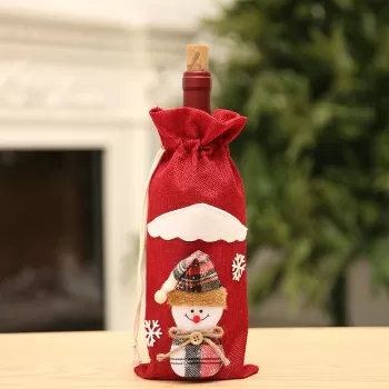 Husa pentru sticla de vin, decor de Craciun, om de zapada si mos craciun, 30x14cm imagine