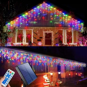 Instalatie Craciun 13 metri turturi, franjuri inegali cu 300 LED-uri, alimentare solara imagine