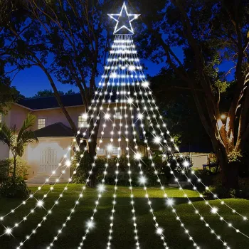 Instalatie Perdea cu varf de Stea Luminoasa 350 LED cu 9 Siruri, Alimentare la Priza, Decor Craciun imagine