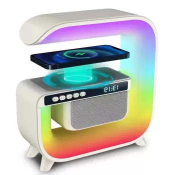 Lampa Smart LED RGB, 5 in 1, boxa Bluetooth, FM, Aux, incarcare Wireless rapida, ceas cu alarma, functie de raspuns la telefon, Alb imagine
