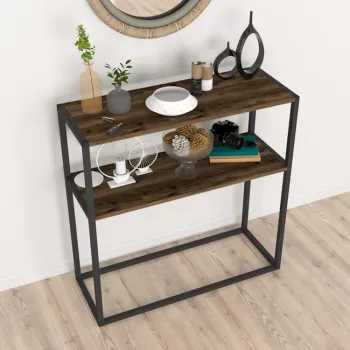 Masa consola decorativa cu 2 rafturi, 90x90x33,5 cm, efect stejar si cadru metalic imagine