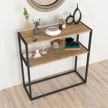 Masa consola decorativa cu 2 rafturi, 90x90x33,5 cm, efect stejar si cadru metalic imagine